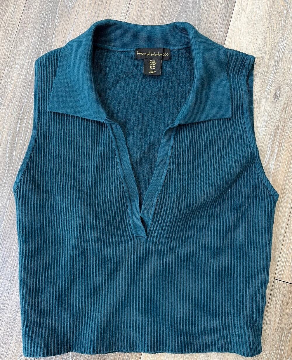 House Of Harlow 1960 Knit Polo Tank Medium Teal Ribbed Sleeveless